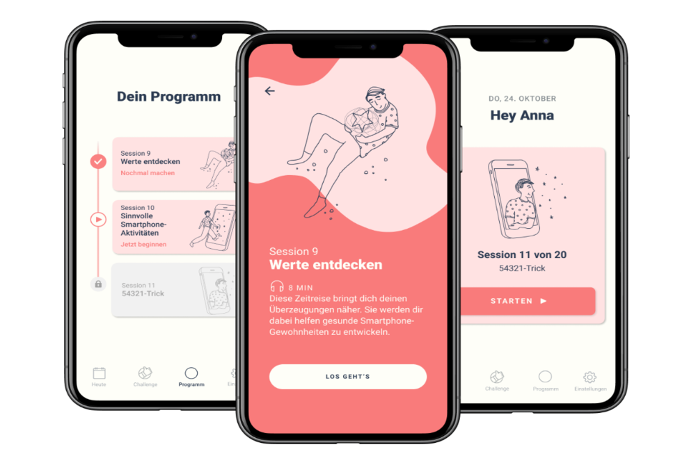 Blick in die App: In 20 Übungen lernen Nutzerinnen und Nutzer den bewussten Umgang mit dem Smartphone.