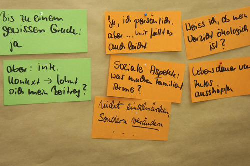 Wären Sie bereit, höhere Stromkosten zu bezahlen, um den Ausbau der erneuerbaren Energietechnologien zu fördern? Auf diese und andere Fragen konnten die Teilnehmer der Bürgerwerkstatt ihre persönliche Antwort geben.