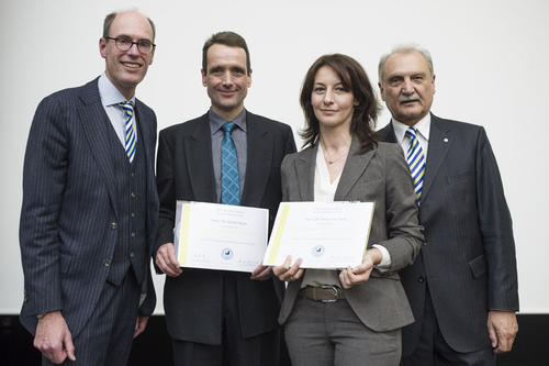 (v.l.n.r.): Universitätspräsident Peter-André Alt mit den Preisträgern des „DRS Award for Excellent Supervision“: Mathematikprofessor Rupert Klein, Natalia Kliewer, Professorin für Wirtschaftsinformatik und Kanzler Peter Lange.