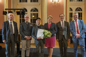 (v.l.n.r.): Laudator Friedrich Dieckmann, Prof. Dr. Benjamin-Immanuel Hoff, Steffen Mensching, Franziska Giffey, Dr. Hans Gerhard Hannesen, Prof. Dr. Günter M. Ziegler.