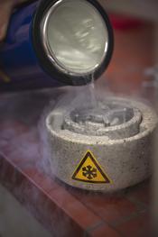 Für die Kryo-Elektromikroskopie werden die Proben so schnell eingefroren – zum Beispiel in mit flüssigem Stickstoff gekühltem, flüssigem Ethan –, dass selbst Wassermoleküle keine Zeit haben, Eiskristalle zu bilden.