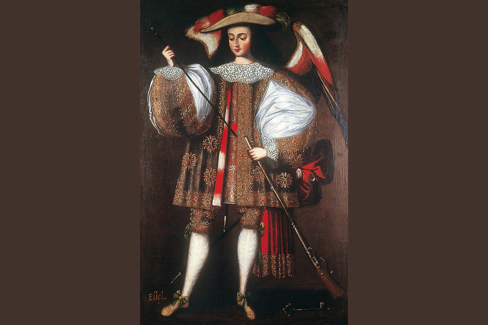 Erzengel Eliel mit einer Arkebuse. Das Gemälde verbindet christliche und indigene Symbolik. Zugleich lässt sich die Darstellung der christlichen Figur in der eleganten Kleidung eines spanischen Artillerieoffiziers als Teil einer visuellen Legitimatio