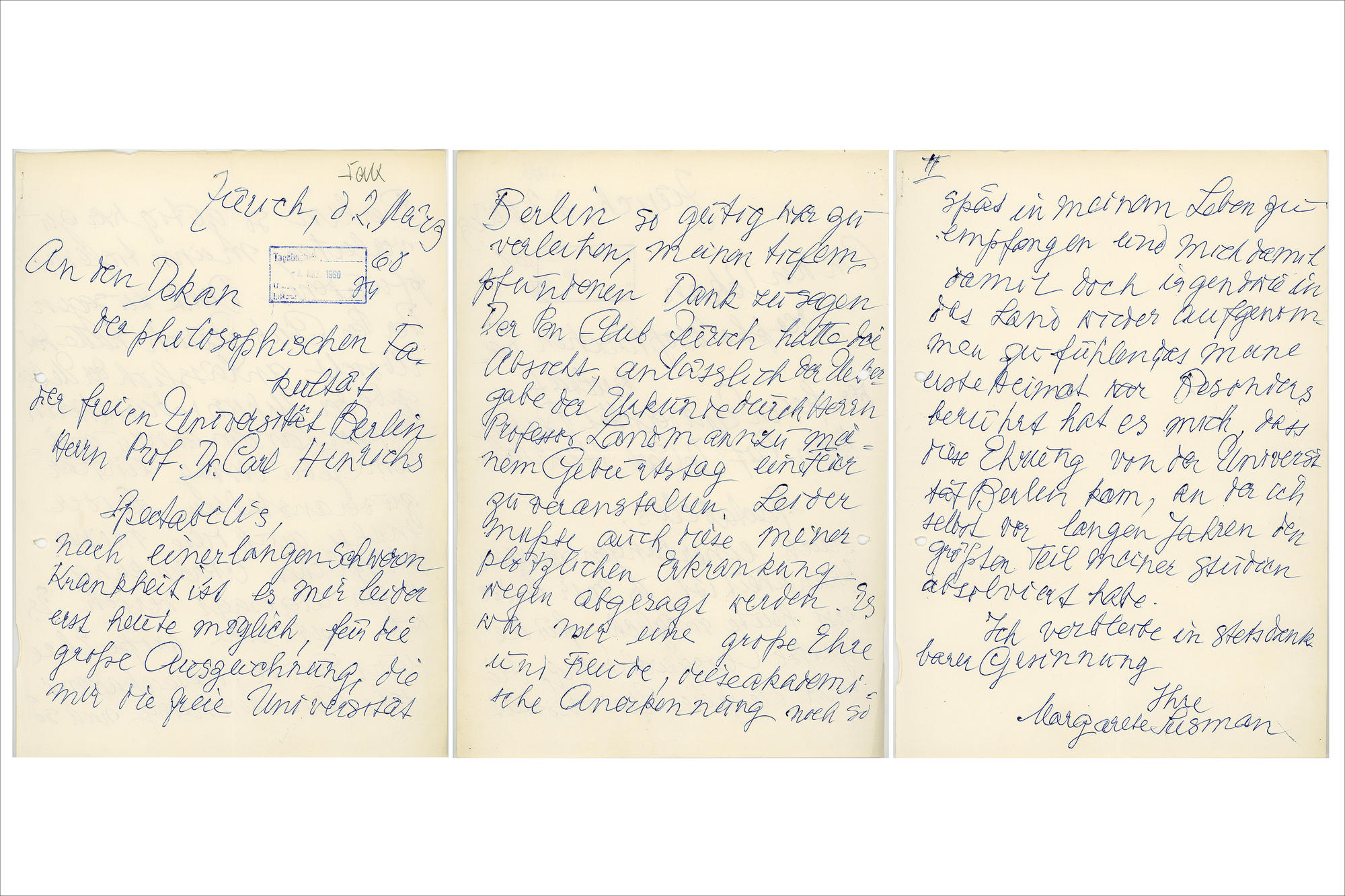 Margarete Susmans Dankesbrief vom 2. März 1960 an den Dekan der Philosophischen Fakultät. Wegen langer Krankheit konnte sich die im Juni des Vorjahres mit der Ehrendoktorwürde Ausgezeichnete erst ein halbes Jahr später melden.