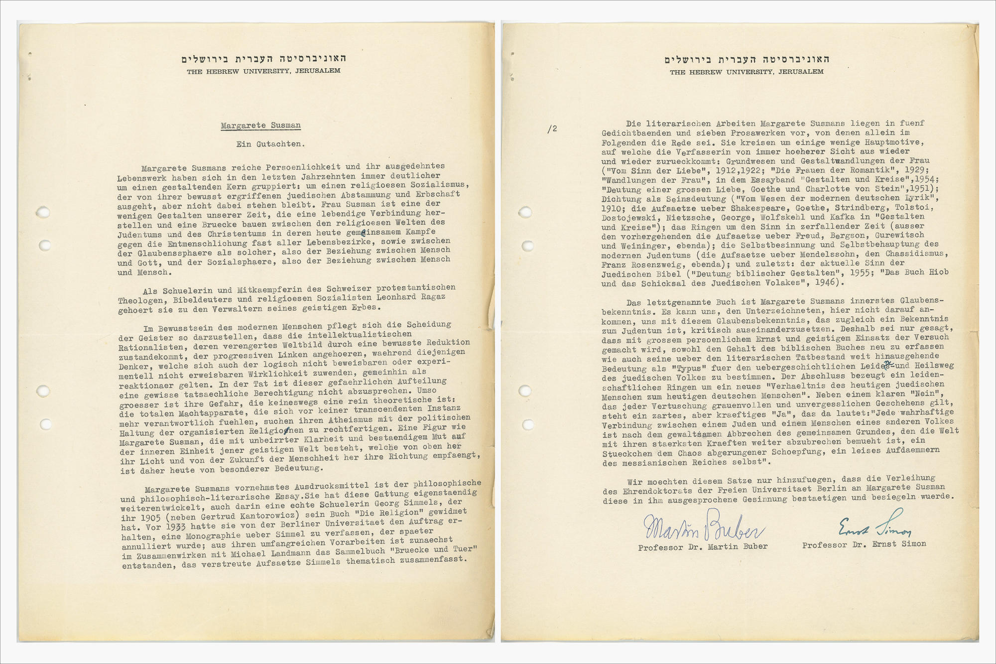 Das Gutachten von Martin Buber und Ernst Simon, damals Professoren an der Hebräischen Universität Jerusalem.