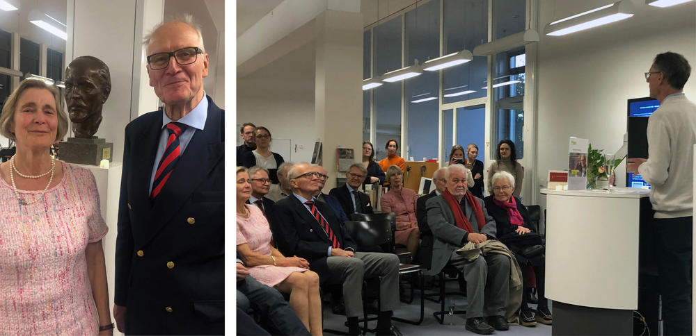 Links: Jubilar und Vorsitzender der „Friedrich-Meinecke-Gesellschaft e.V.“ Bernd Sösemann mit Ehefrau Britta Sösemann. Rechts: Thomas Ertl begrüßt den Jubilar mit einer festlichen Rede. Auch Jürgen und Urte Kocka sitzen in der ersten Reihe.