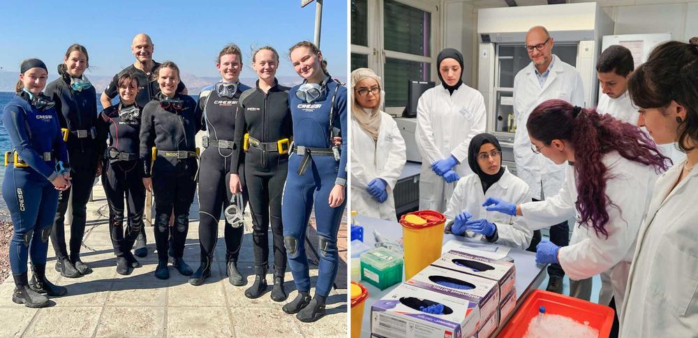 Wetsuits and lab coats. Left: Berlin students in between dives to learn more about stony coral protection. Right: Students from the University of Jordan preparing samples during the cell physiology internship.