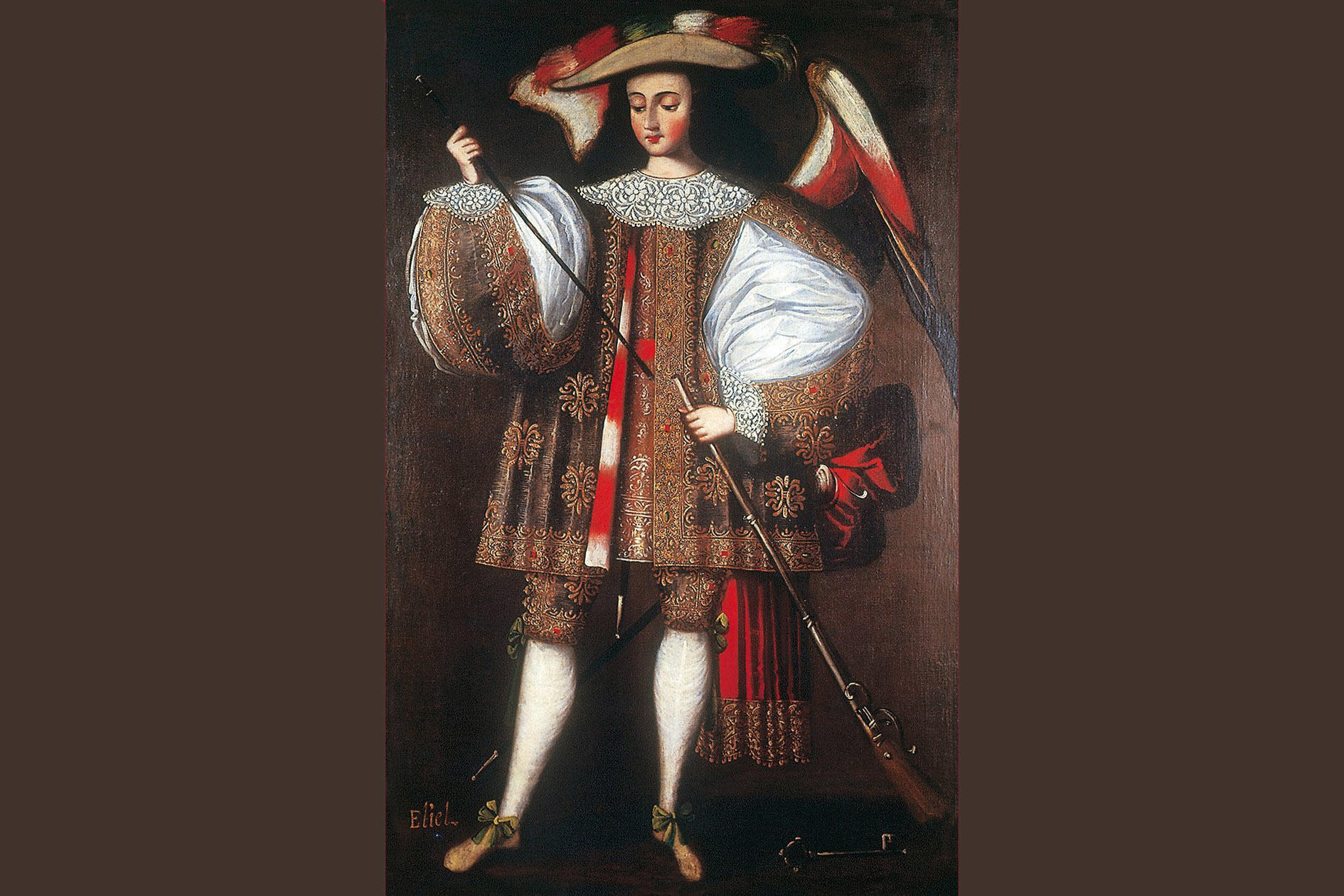 Archangel Eliel with Harquebus. The painting combines Christian and Indigenous symbolism. This depiction of the Christian figure in elegant Spanish artillery officer attire can be read at the same time as part of a visual legitimization.