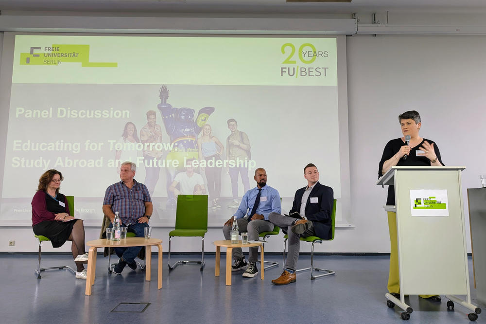 The panelists at the celebration included (from left to right): Gesa Heym, Ingo Peters, Andrew Lamotte, Jacob Badin, and Kristina Rödder. They discussed the importance of international education and study abroad programs.