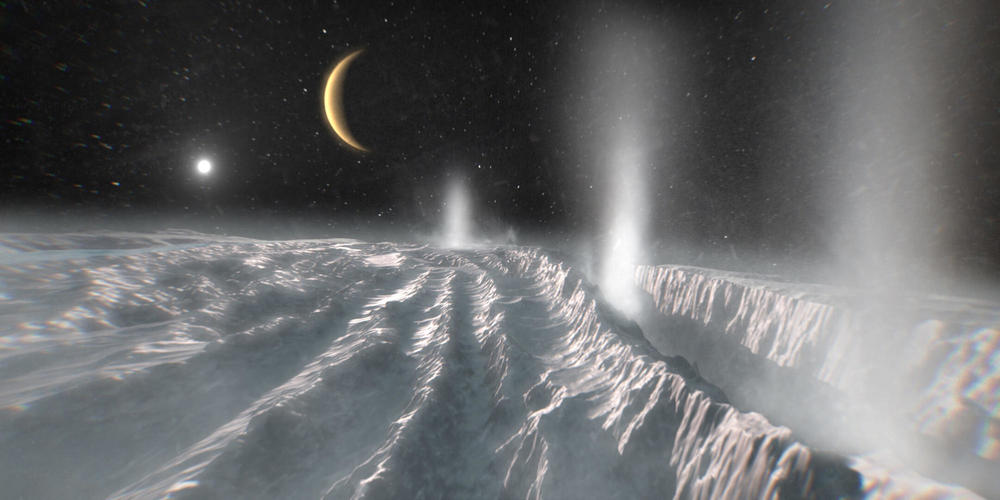 Künstlerische Darstellung von Cryovulkanismus auf dem eisigen Saturnmond Enceladus.