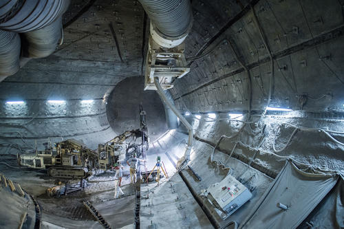 The Konrad mine, a former iron ore mine in Salzgitter, is being prepared for its future use as a radioactive waste repository. Workers perform drilling and concrete work in the later control area in August 2017.