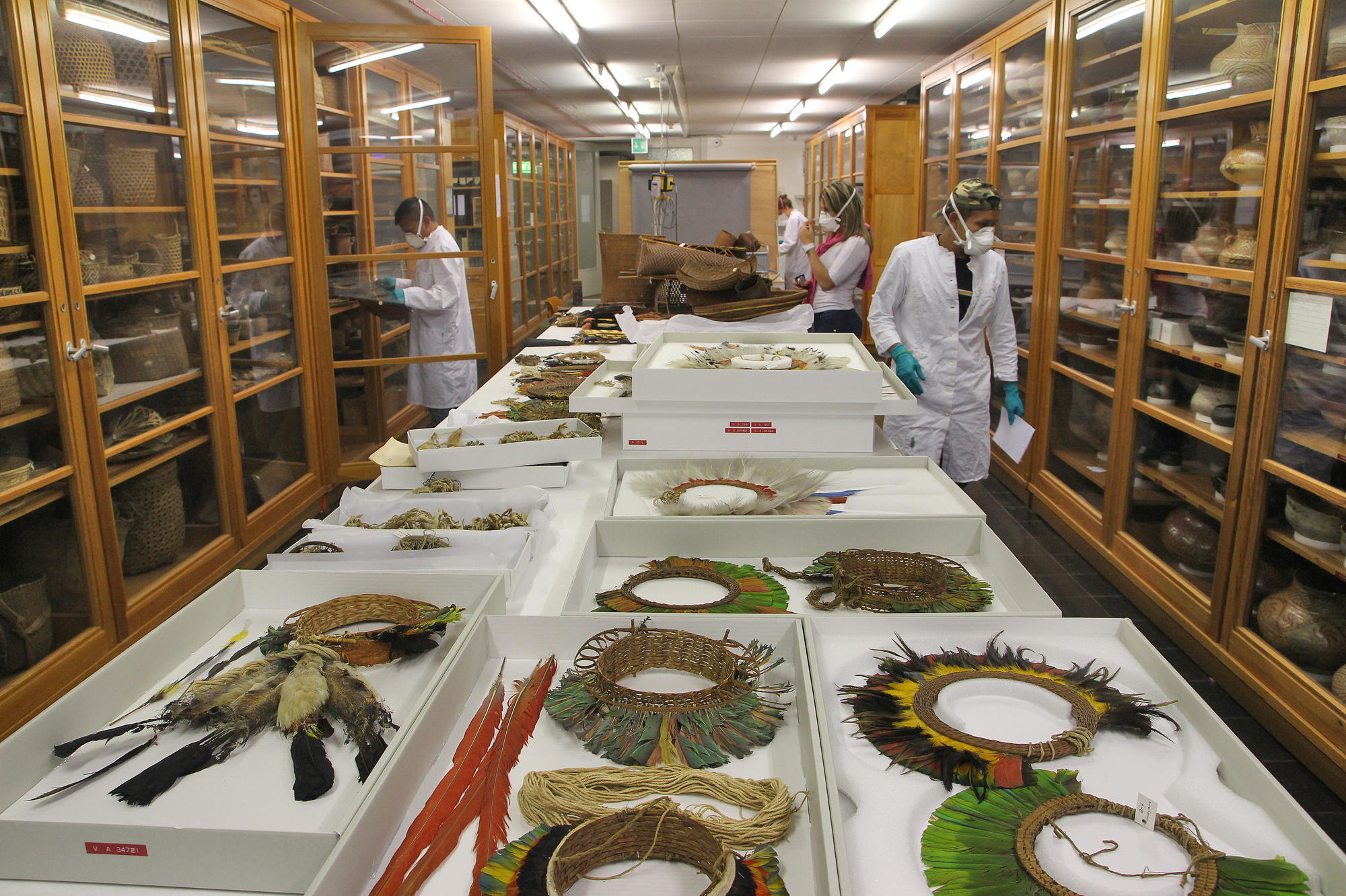 Im Rahmen eines Kooperationsprojekts sichten Vertreterinnen und Vertreter der Indigenen Universität Venezuela Federkopfschmuck und Körbe aus ihren Herkunftsregionen in Südvenezuela und Nordbrasilien.