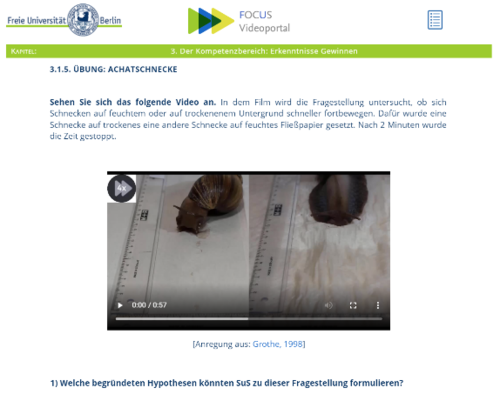 Einblick in das FOCUS Videoportal und die darüber verfügbare Selbstlernumgebung zum Kompetenzbereich „Erkenntnisse gewinnen“. Sichtbar ist ein Aufgabenbeispiel zur Hypothesenformulierung und Experimentenplanung. Bildquelle: Leroy Großmann
