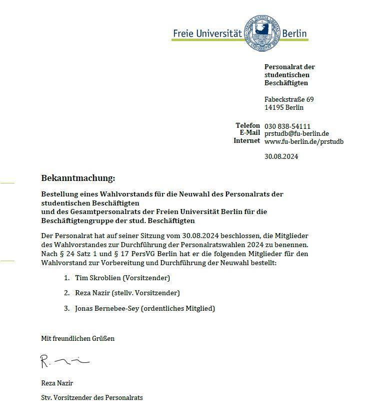 Bekanntmachung Wahlvorstand 2024