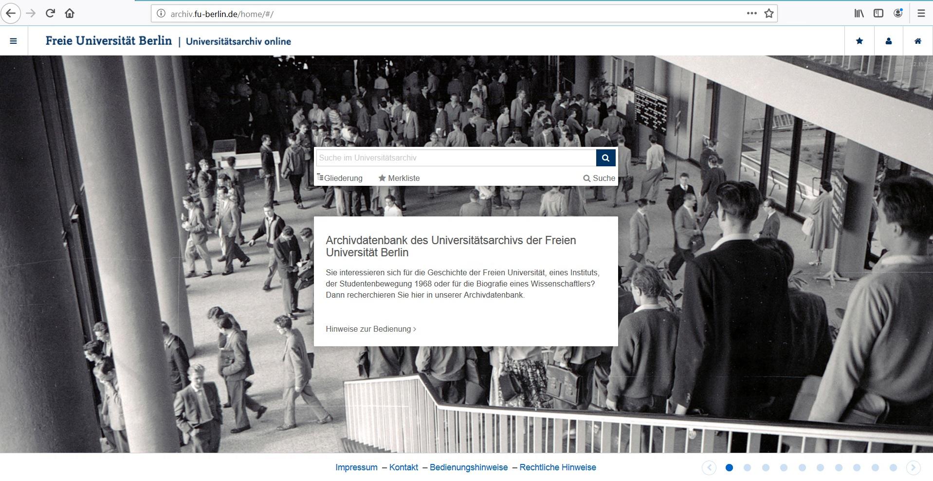 Online-Archivdatenbank der Freien Universität Berlin